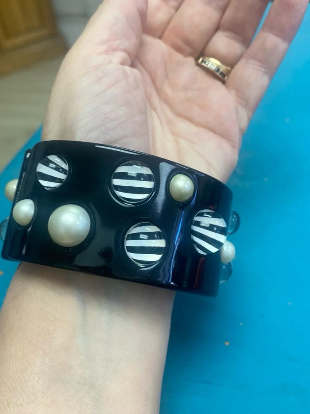 Vintage Black Beaded Accent cuff  Bangle Bracelet with Pearl and Striped Inlays